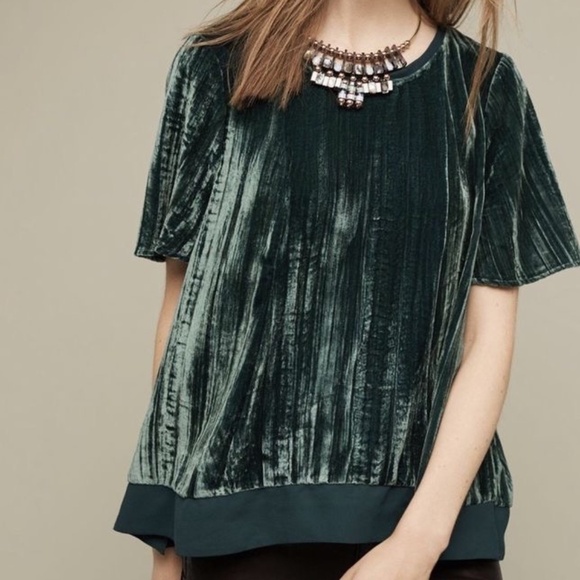 Anthropologie Maeve Emerald Green Crushed Velvet Short sleeve Top Size XS - Picture 1 of 8